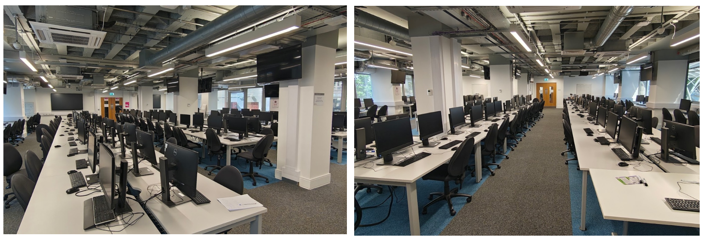 images showing the teaching spaces 1.05 with desks and chairs and a large screen.